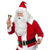 Man dressed as Santa Claus holding a bell on a white background