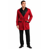 Adult wearing deluxe red smoking jacket costume with black shawl collar