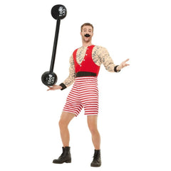 Deluxe Strongman Costume with jumpsuit with attached tattoo shirt, vest, and red-and-white striped shorts for circus parties
