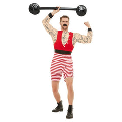 Deluxe Strongman Costume with jumpsuit with attached tattoo shirt, vest, and red-and-white striped shorts for circus parties