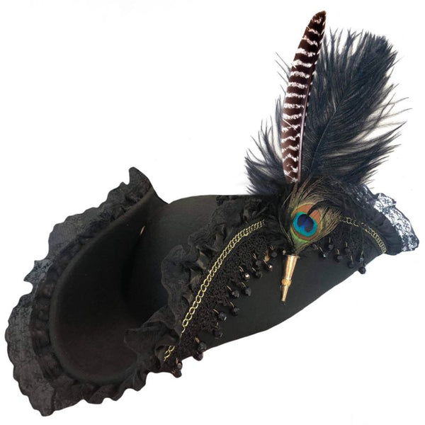 Deluxe Tricorn Pirate Hat with peacock, ostrich, and rooster feathers and gold trim