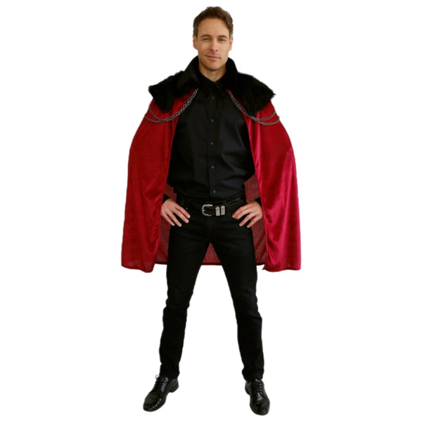 Deluxe red Vampire Cape with black faux-fur trim and chains front view