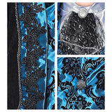 Detail view of deluxe Victorian vampire costume with lace jabot and ornate fabric