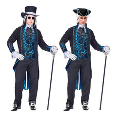 Deluxe Victorian vampire costume with gothic tailcoat and blue brocade vest