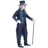 Side view of deluxe victorian vampire costume with blue ornate details