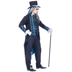 Deluxe Victorian vampire costume with gothic tailcoat and blue brocade vest