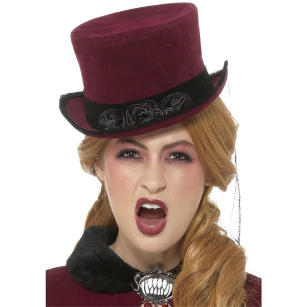 Deluxe Victorian Vampiress burgundy top hat with roses and veil, ladies size costume accessory