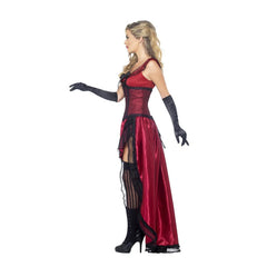 Deluxe Western Authentic Brothel Babe Burgundy Costume, dress is long at the back and short at front, attached corset.