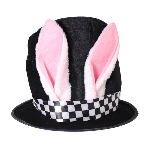 Deluxe white rabbit top hat with plush ears and checked band – children and ladies costume accessory