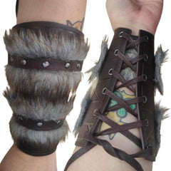 Faux leather and fur wrist bracers – Viking or medieval costume accessory