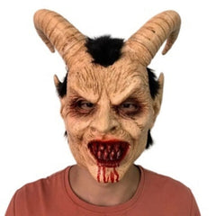 Demon Lucifer Halloween Mask, flesh coloured latex mask with large horns and bloody mouth/teeth.