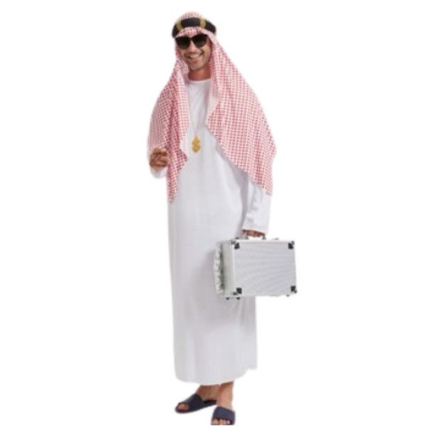 White desert robe costume with red check headscarf, headband and necklace