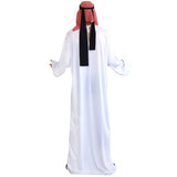 Back view of white desert robe costume with red check sheik headpiece
