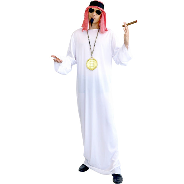 Desert sheik adult costume with long white robe and red check headpiece