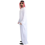 Side view of adult desert sheik costume featuring white robe and red headpiece