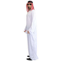 Desert sheik adult costume with long white robe and red check headpiece