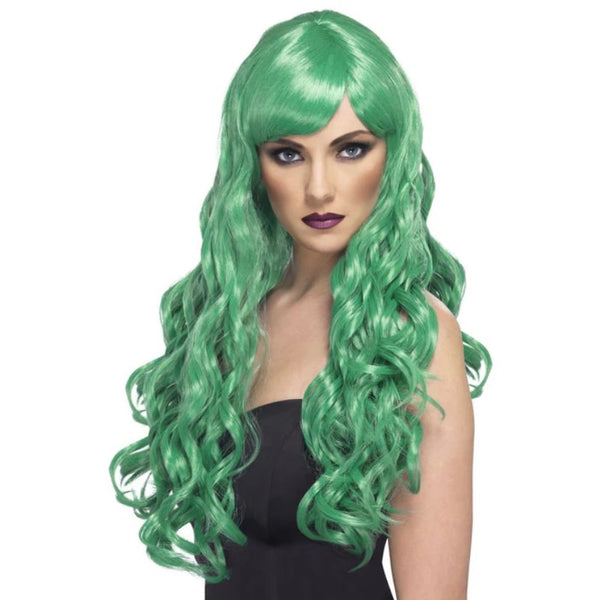 Green long curly Desire Wig with fringe for Halloween or witch costumes