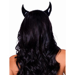 Black vinyl devil horns attached to a headband, perfect for Halloween or villain-themed costumes, adding a sleek and edgy touch to your devilish look.