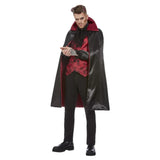 Devil men’s costume with black shirt, red printed vest, knee-length red lined cape, and horns