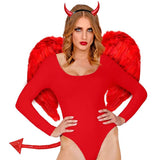 Person wearing a red devil costume with wings and horns on a white background