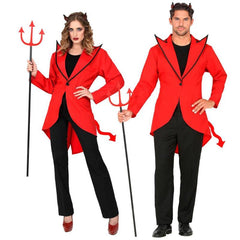 Unisex devil tailcoat costume with attached tail, red jacket for Halloween parties