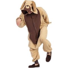 Funsie devin the dog costume to hire. Jumpsuit with attahed hood, furry ears and low crotch. Will fit women and men.