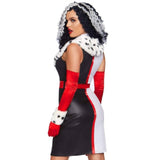Devilish Diva Costume by Leg Avenue villain inspired dress back view with faux fur trim