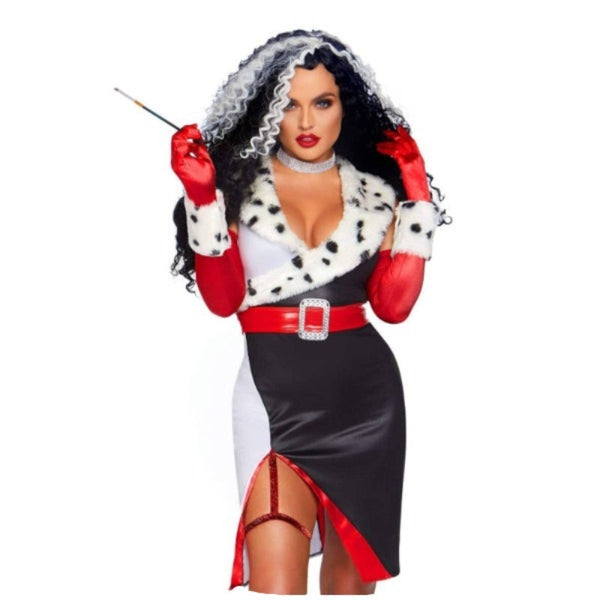 Devilish Diva Costume by Leg Avenue black and white faux fur trim dress front view