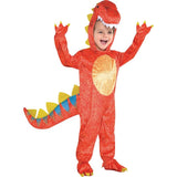 dinomite dinosaur child costume jumpsuit in orange with gold tummy, tail with spikes, hood with large teeth.
