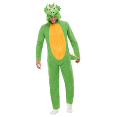 Dinosaur costume in green with yellow tummy, featuring detailed head and attached tail.