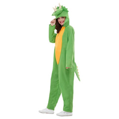 Dinosaur costume in green with yellow tummy, featuring detailed head and attached tail.