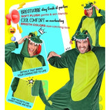 Adult Dinosaur Onesie Costume showing soft plush fabric, dinosaur hood, tail and side pockets