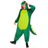 Person wearing a green dinosaur onesie on a white background