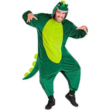 Person wearing a green dinosaur costume on a white background