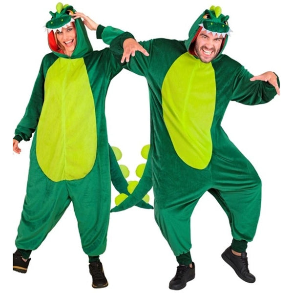Adult unisex Dinosaur Onesie Costume front view shown on man and woman