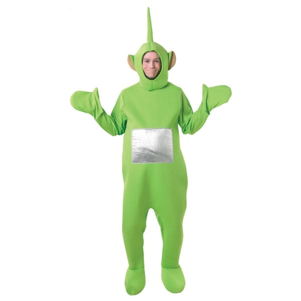 dispy teletubbies deluxe costume for adults, onesie includes attached gloves and boot covers.