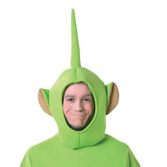 dispy teletubbies deluxe costume for adults, onesie includes attached gloves and boot covers.