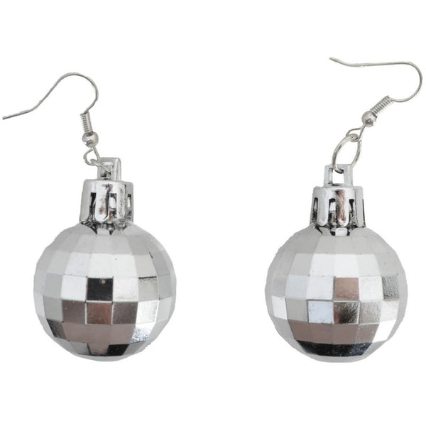 pair of silver earrings shaped to look slike silver disco balls on a white background