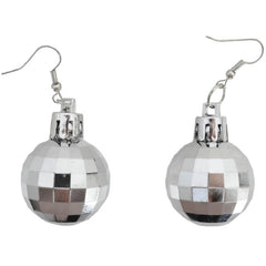 pair of silver earrings shaped to look slike silver disco balls on a white background