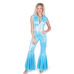 70s disco diva blue jumpsuit costume with flared legs