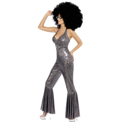 Disco Diva Ladies Costume with silver flared jumpsuit