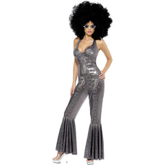Disco Diva Ladies Costume with silver flared jumpsuit
