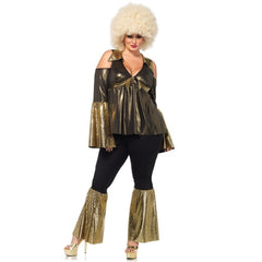 Disco Diva Pant Suit by Leg Avenue - Plus in black and gold flares with flared sleeves.