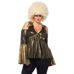 Disco Diva Pant Suit by Leg Avenue - Plus in black and gold flares with flared sleeves.