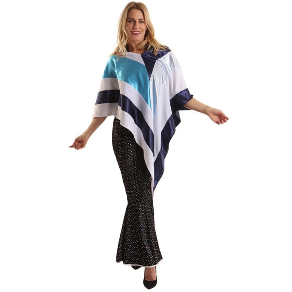 Women's disco diva costume featuring blue and white poncho top