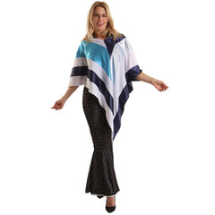 Women's disco diva costume featuring blue and white poncho top