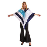 Adult wearing disco poncho costume with flowing sleeves and retro 70s styling