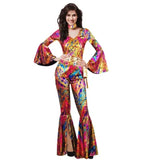 Ladies 1970s disco costume with metallic bell-sleeve top and flared pants