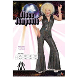 Packaging of black and silver disco jumpsuit with flared legs and front zip