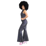 Disco jumpsuit in black and silver with wide flare leg